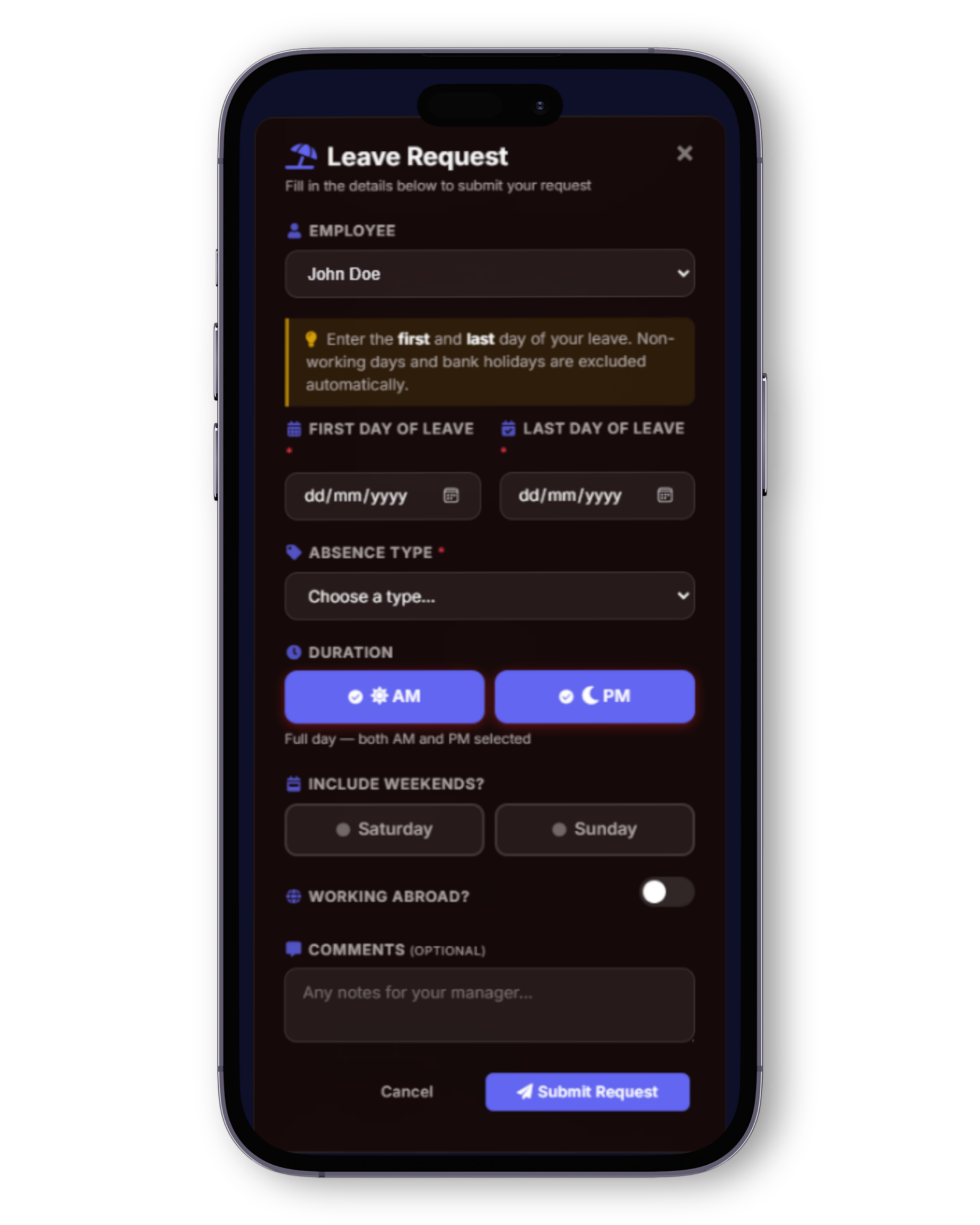 THRive leave request dashboard