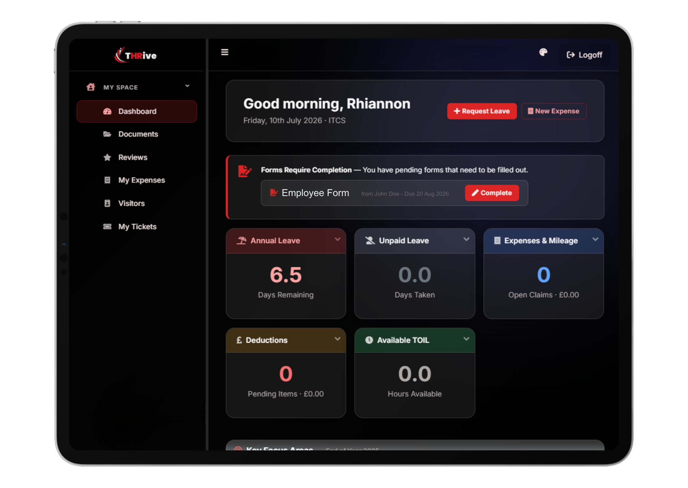 THRive mobile dashboard showing leave, forms and employee tasks