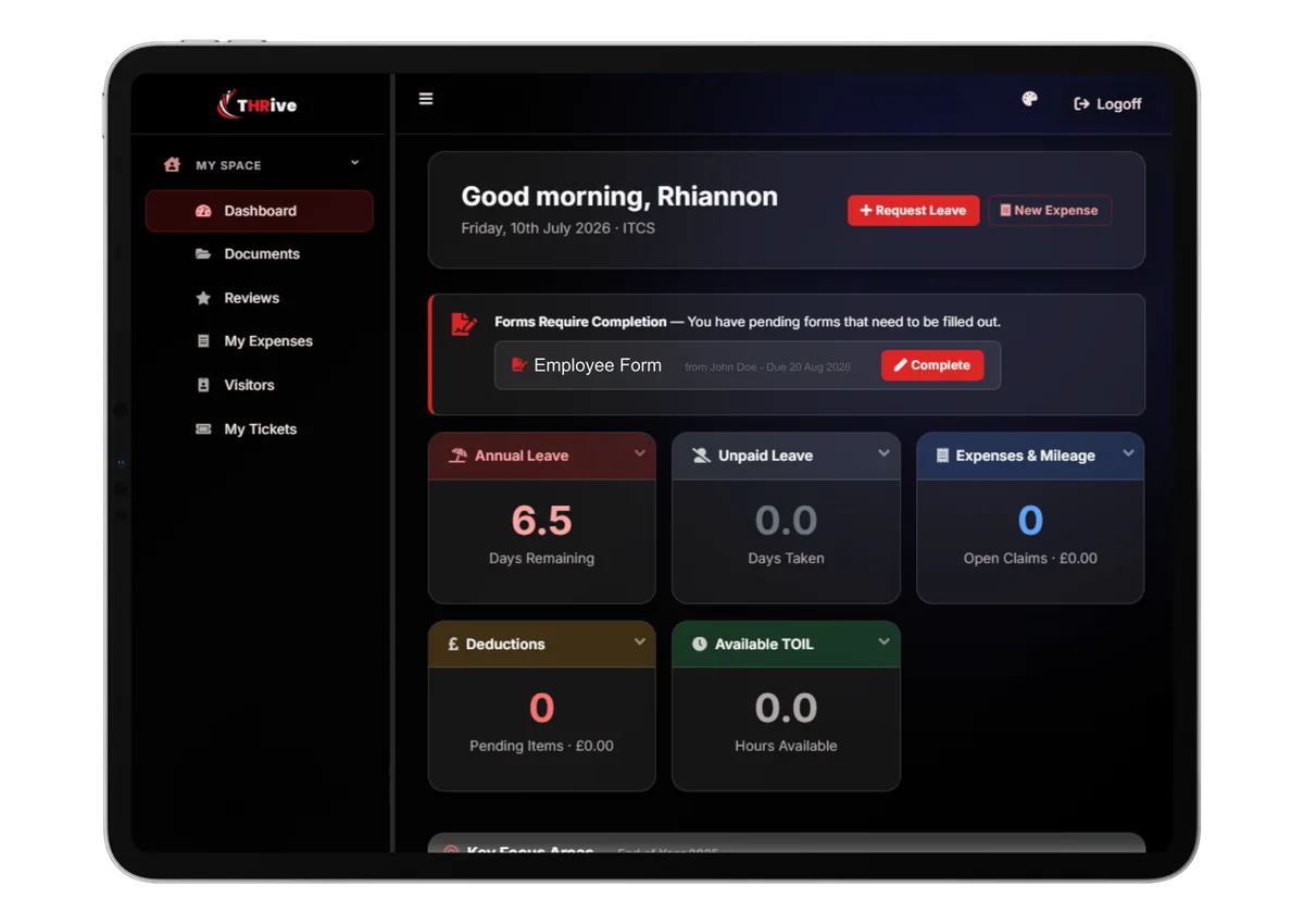 THRive mobile dashboard showing leave, forms and employee tasks